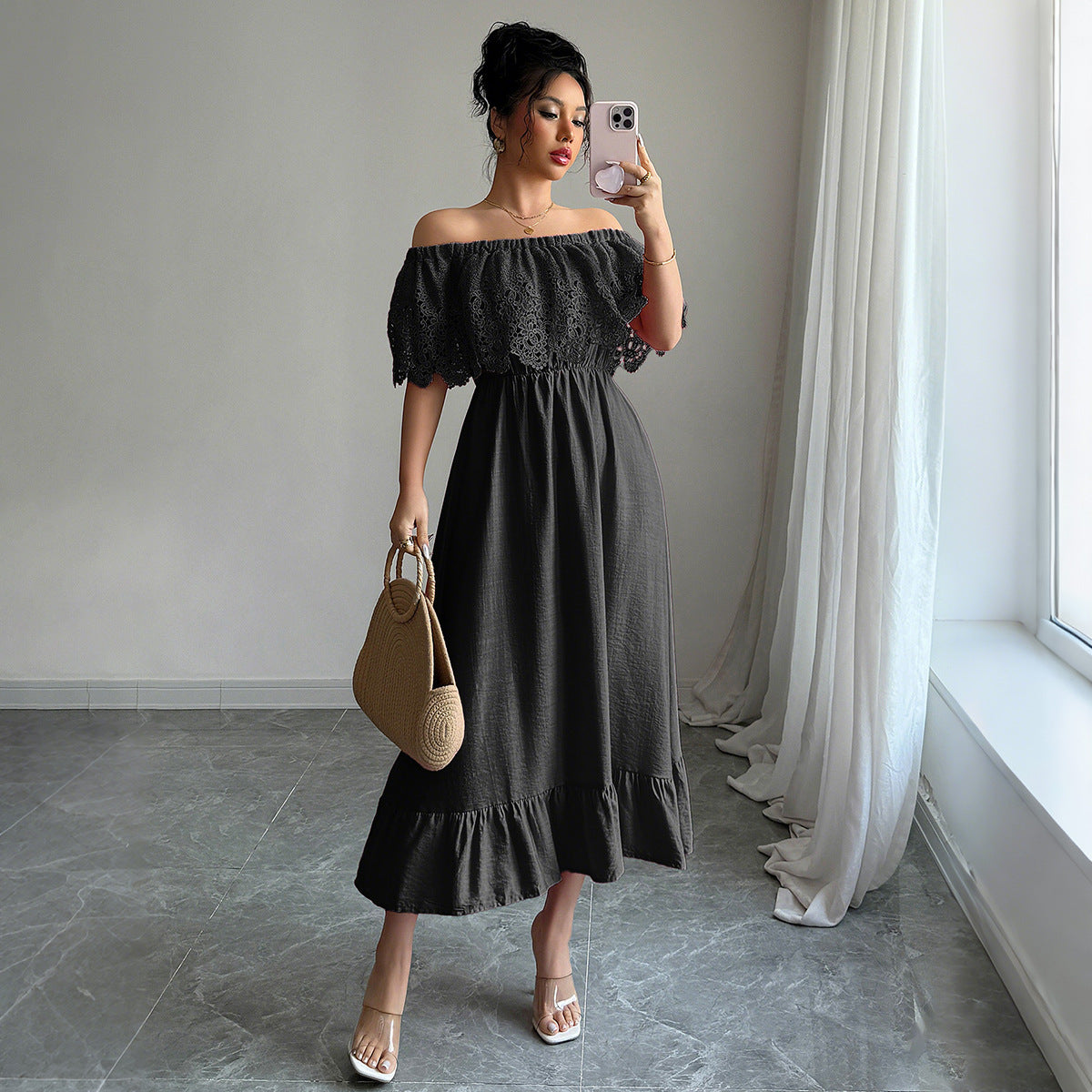 European And American Elegant Style Off-shoulder A- Line Dress
