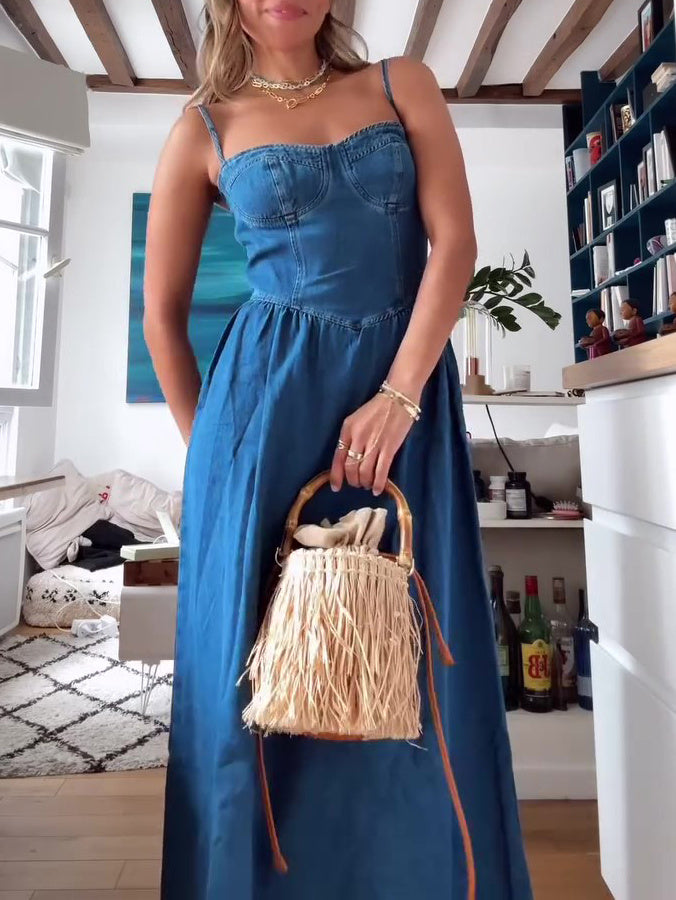Denim Suspenders Maxi Dress