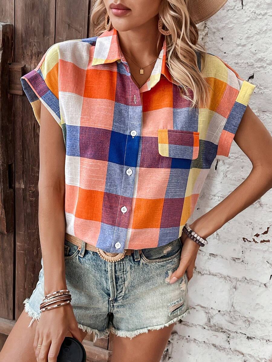 Fashion Polo Collar Dovetail Short Sleeve Plaid Shirt