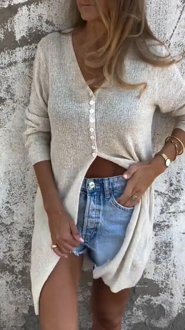 Long-sleeve Mid-length V-neck Solid-color Single-breasted Coat