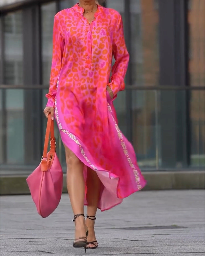 European And American Printed Long Sleeve V-neck Leopard Print Split Pocket Dress