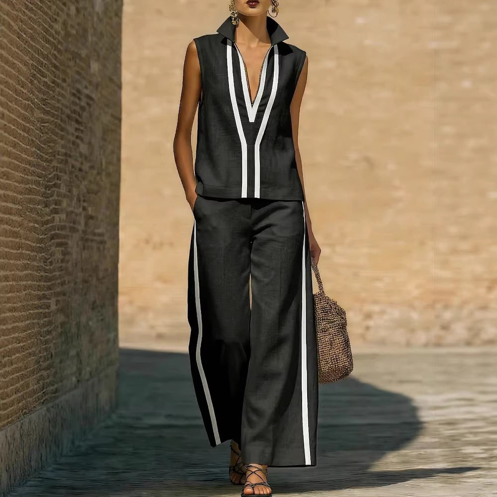 Contrasting-Color Sleeveless Single-Breasted Vest And Drawstring Pants Set