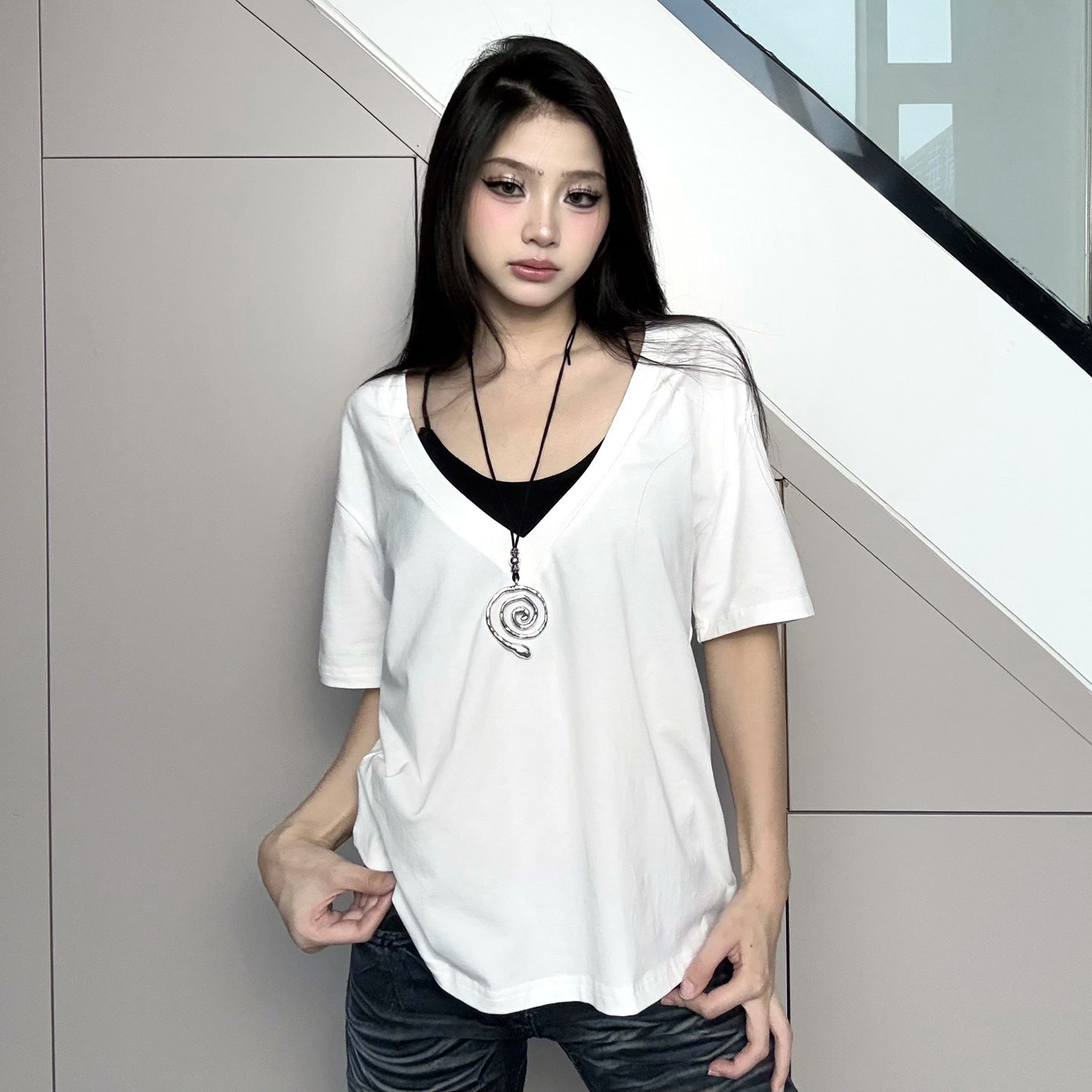 Women's Deep V-neck Short Sleeve Top Pullover Loose T-shirt