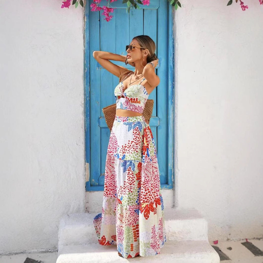 Printed Fashionable Slim-fit Suspender Skirt Suit Women
