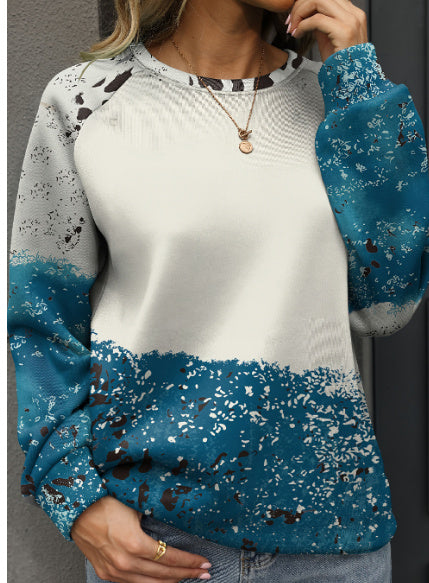 Blue Tie Dye Cow Color Block Pullover Sweatshirt