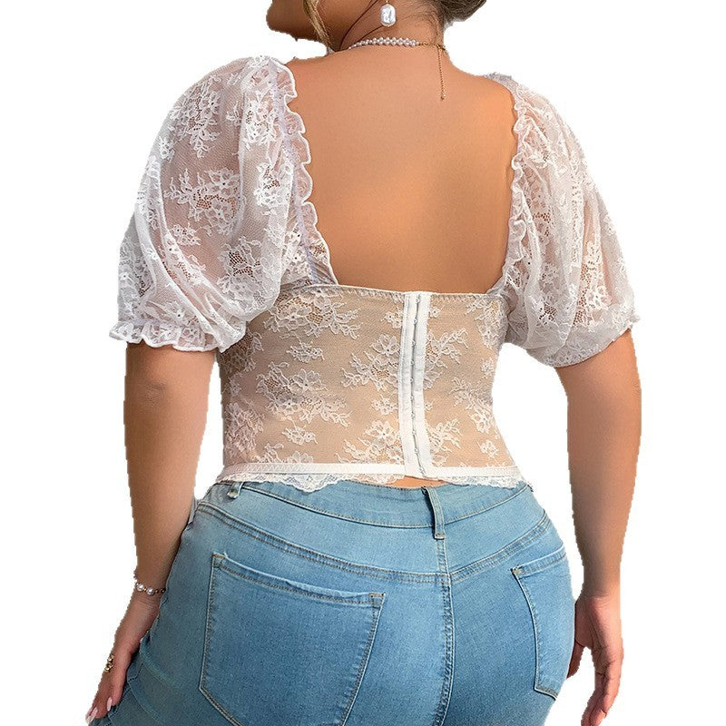 Sexy Hot Girl Lace See-through Puff Sleeve Lace New Fishbone Top