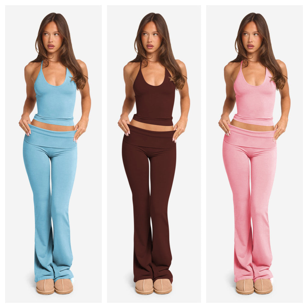 Fashionable Solid-Color Two-Piece Set With Strap Neck Tie