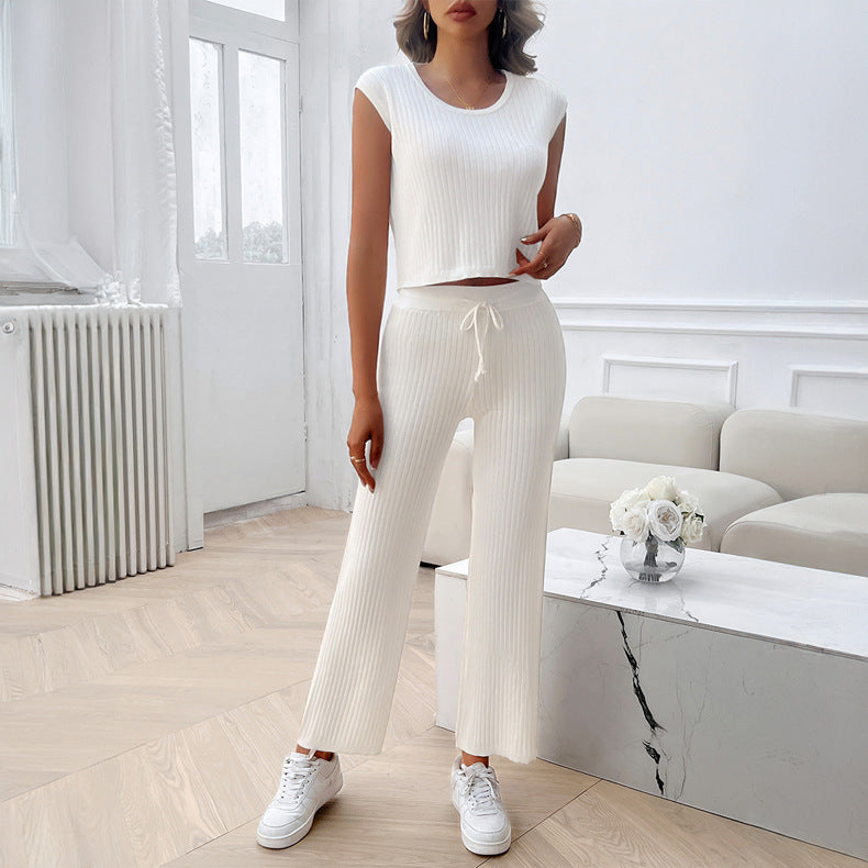 Casual Slim-fit Solid Color Woolen Sleeveless Bm Top Cropped Pants Set