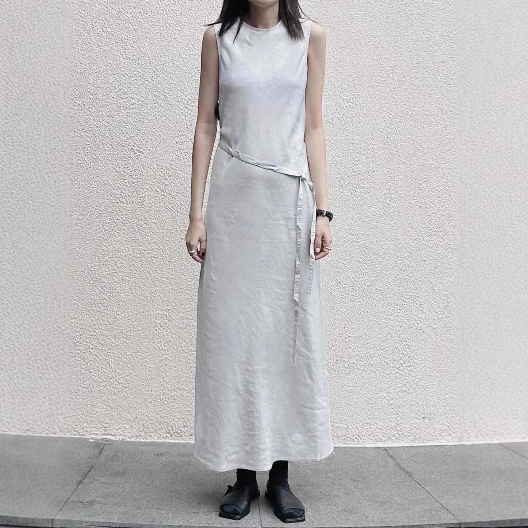 Blue Sleeveless Round Neck Slim Fit Long Dress