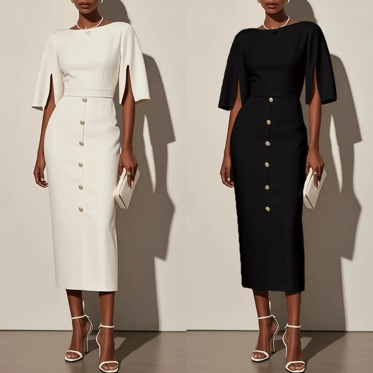 Summer Solid-Color Crew-Neck Defined-Waist Dress With Slit And Buttons