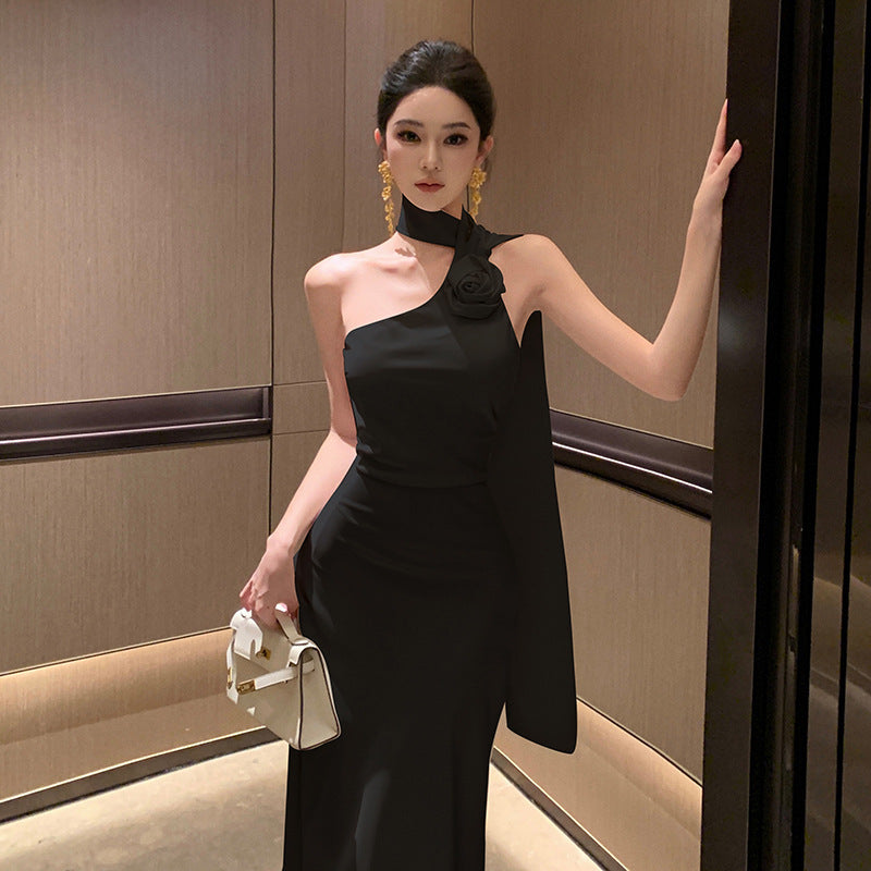 French Style Retro Elegant Sense Of Atmosphere Sloping Shoulder Dress Women