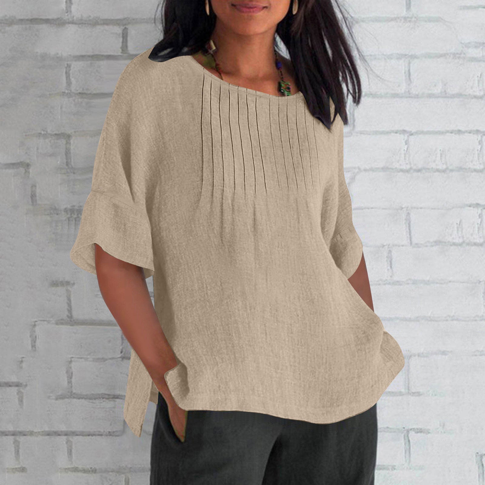 Three-quarter Sleeve Pleated Round Neck Cotton And Linen Shirt Top