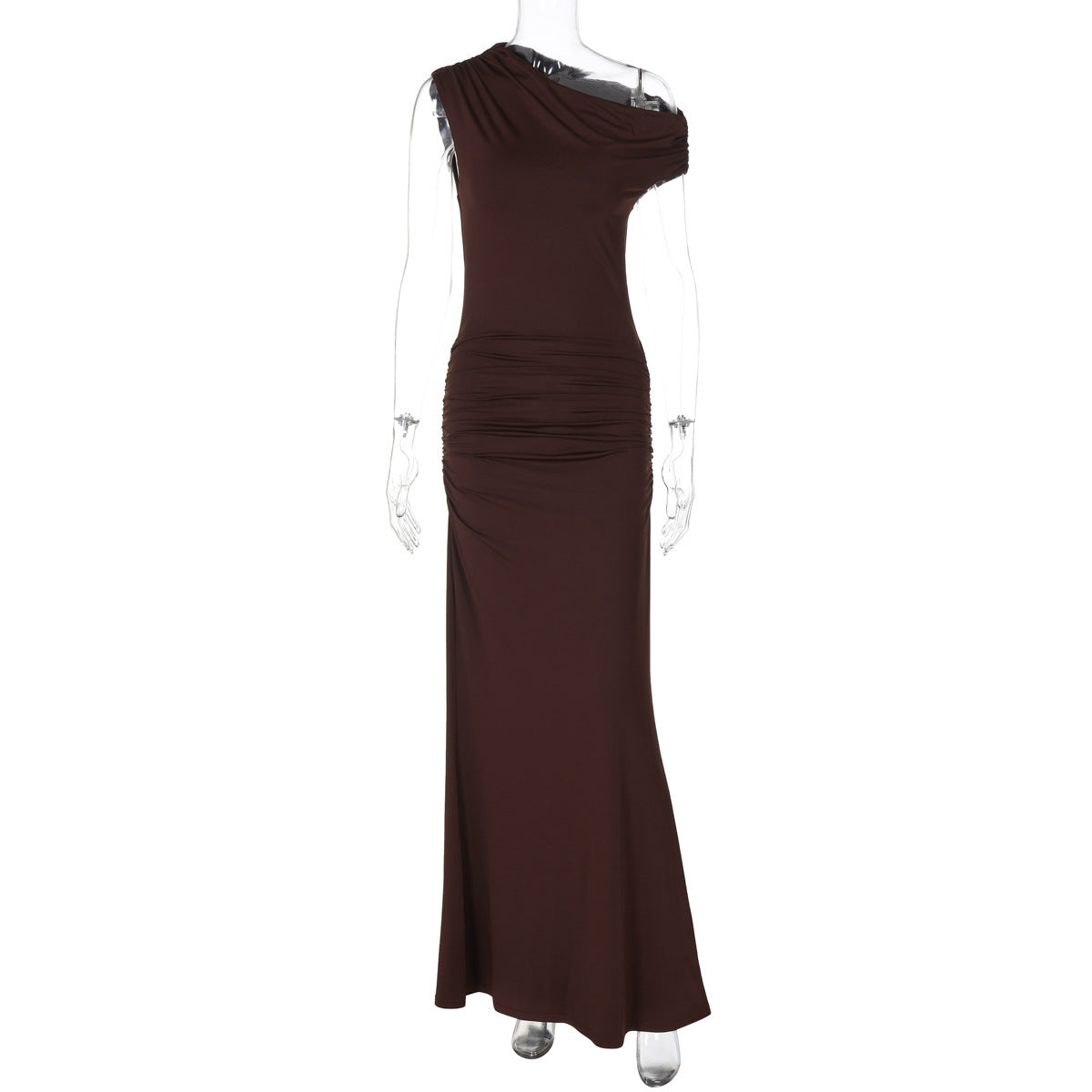 Fashion Pleated Waist Tight Slimming And Shoulder Hollow Sexy Solid Color Dress