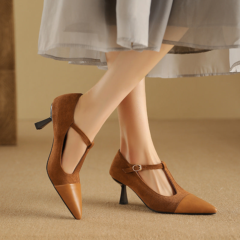 Elegant T-Strap Stacked Heel Shoes
