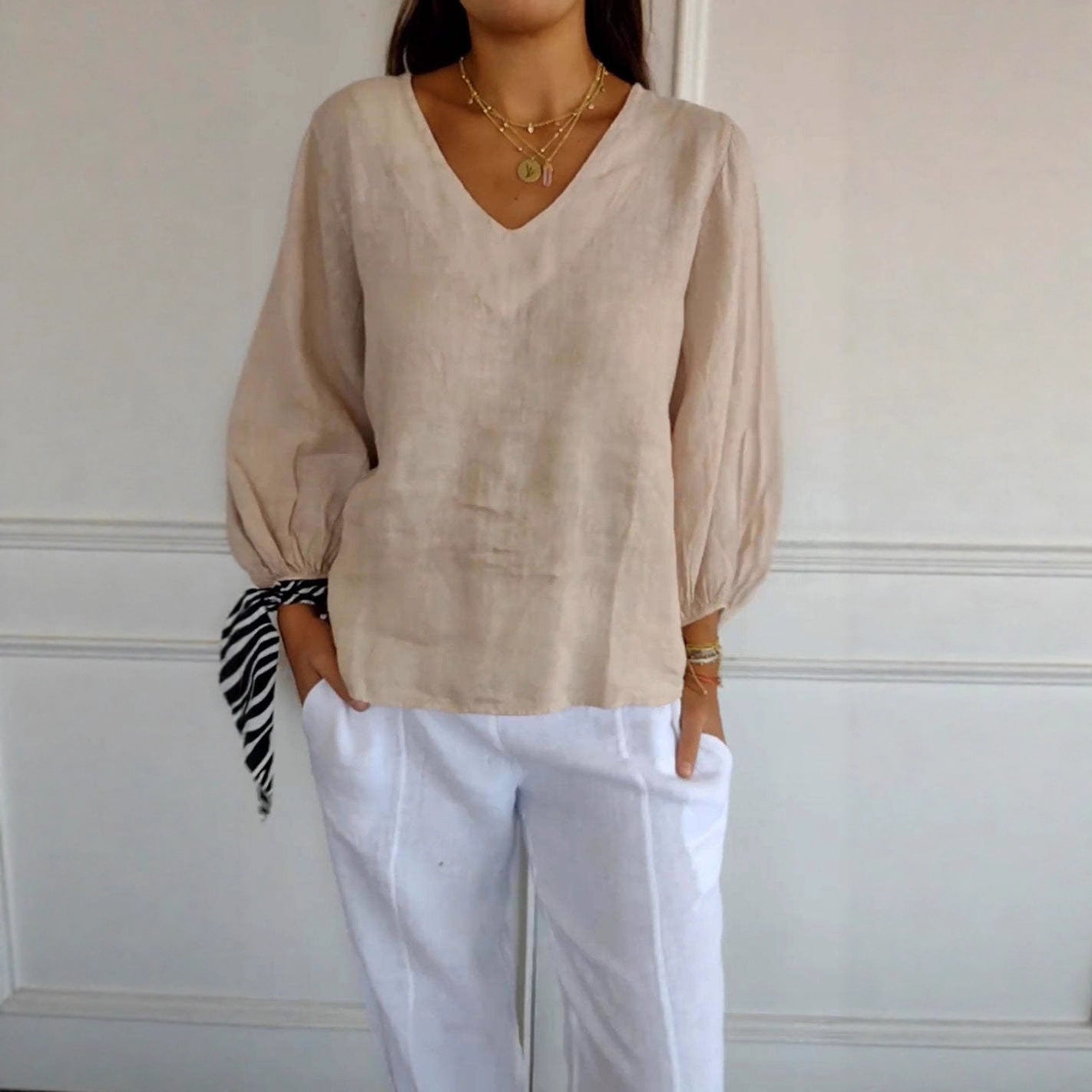 Solid-Color V-Neck Long-Sleeve T-Shirt