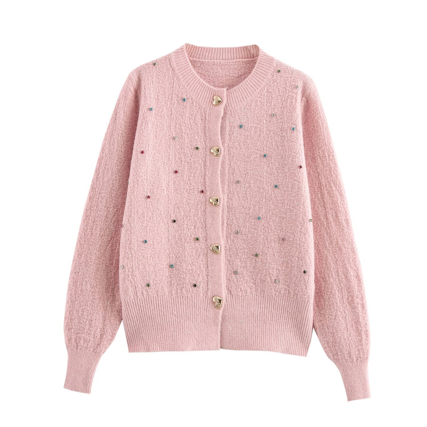 European And American Style Fashion Sequin Colorful Crystals Love Button Knitted Cardigan Jacket