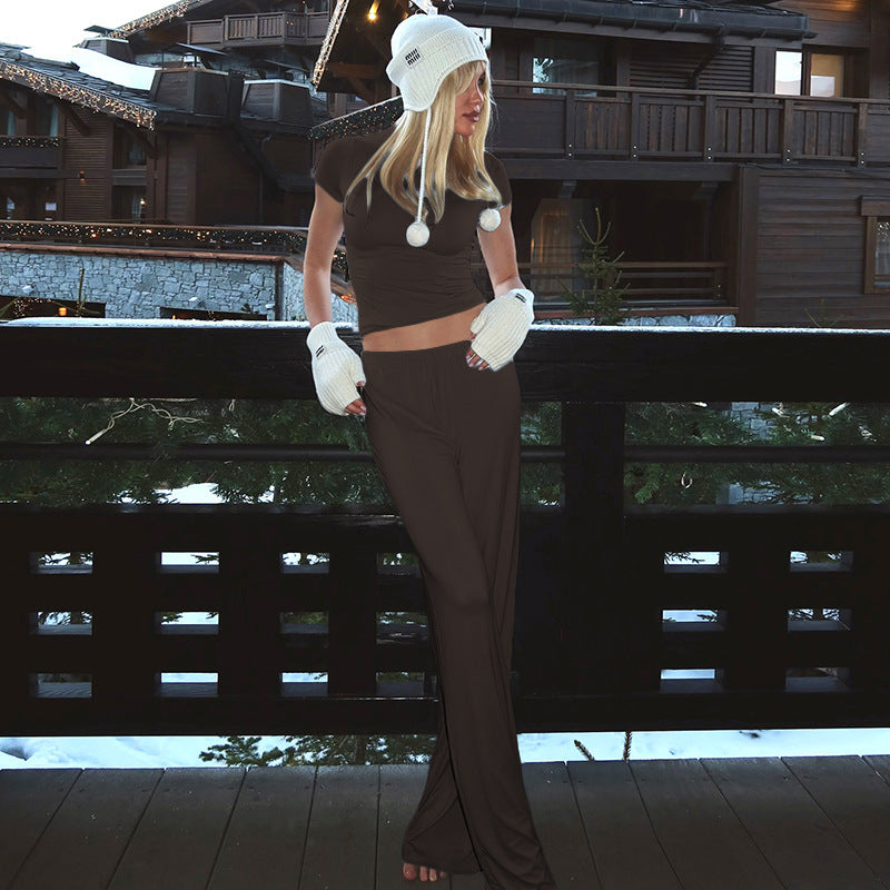 Spring And Summer Round Neck Solid Color Slim Fit Pullover Elastic Waist Wide Leg Trousers Suit