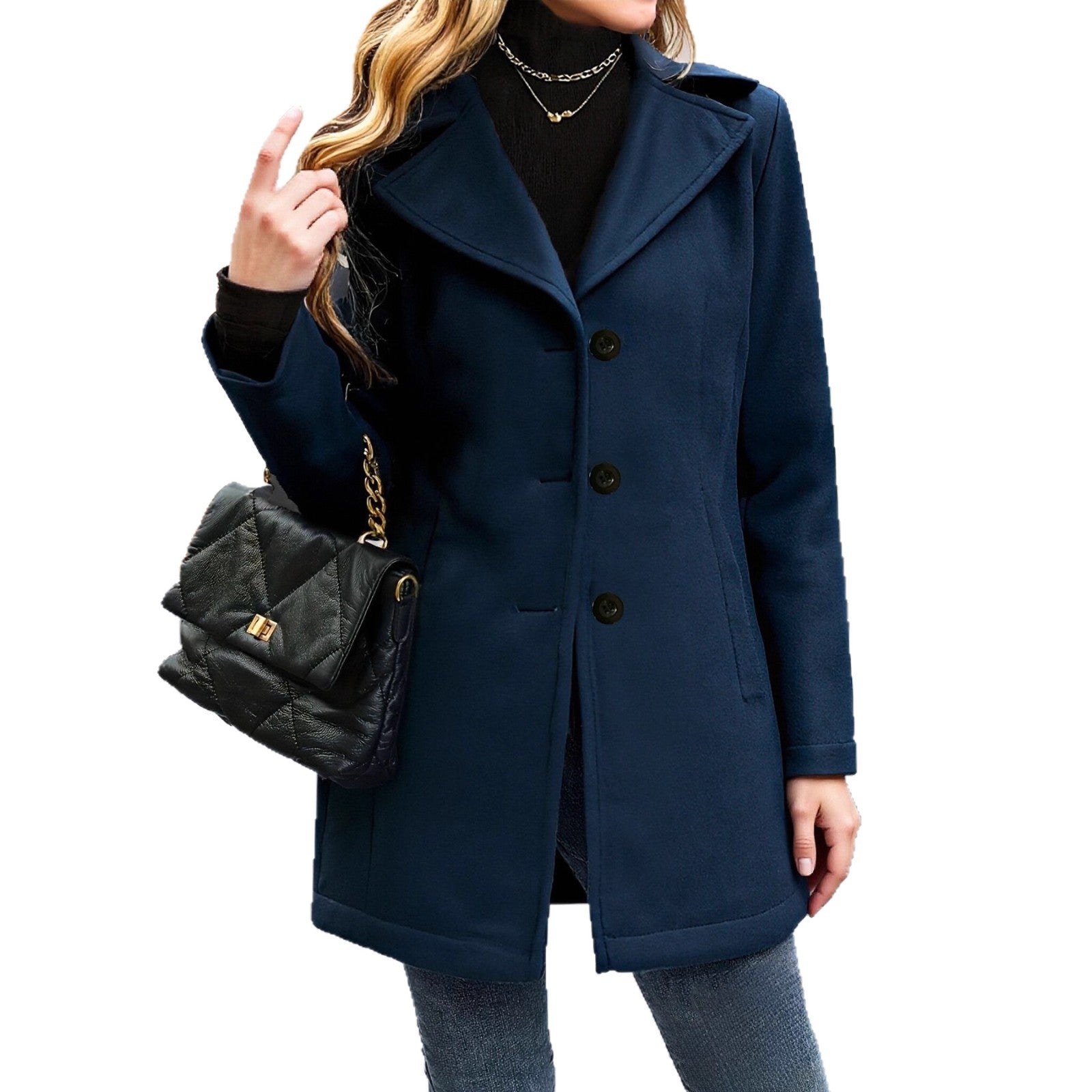 Womens French-Style Vintage Notch-Collar Wool Coat Relaxed Fit