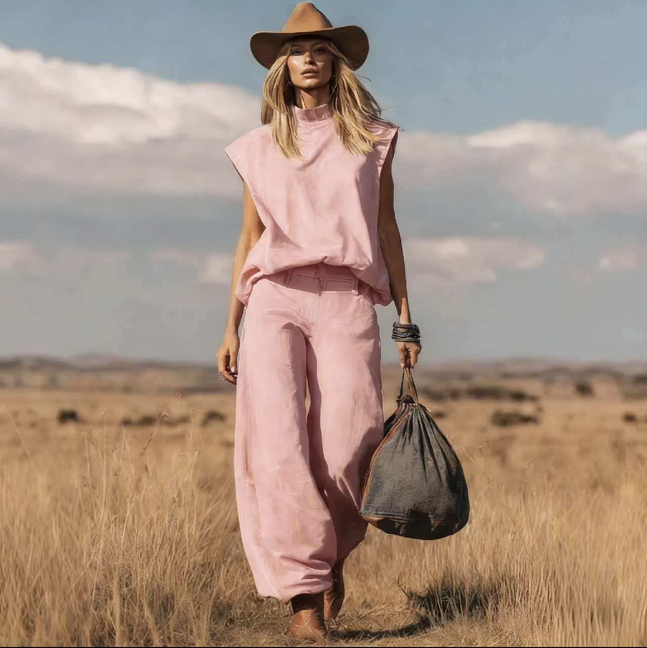 Western-style Sleeveless Wide-leg Cropped Suede Velvet Suit