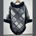 Big Fur Collar Cloak Mid-length Batwing Sleeve Pullover Classic Plaid Shawl