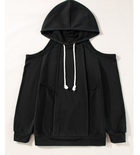 Black Exposed Seam Cold Shoulder Drawstring Hoodie