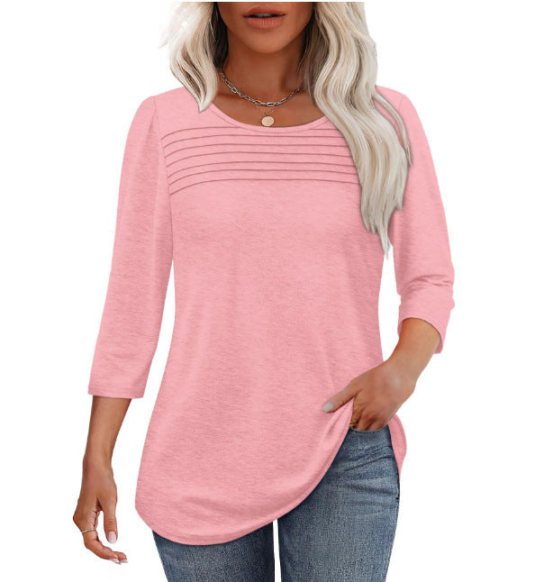 Ladies' Autumn And Winter Round Neck Three-quarters Sleeved Chest Tuck Line Pleated Top