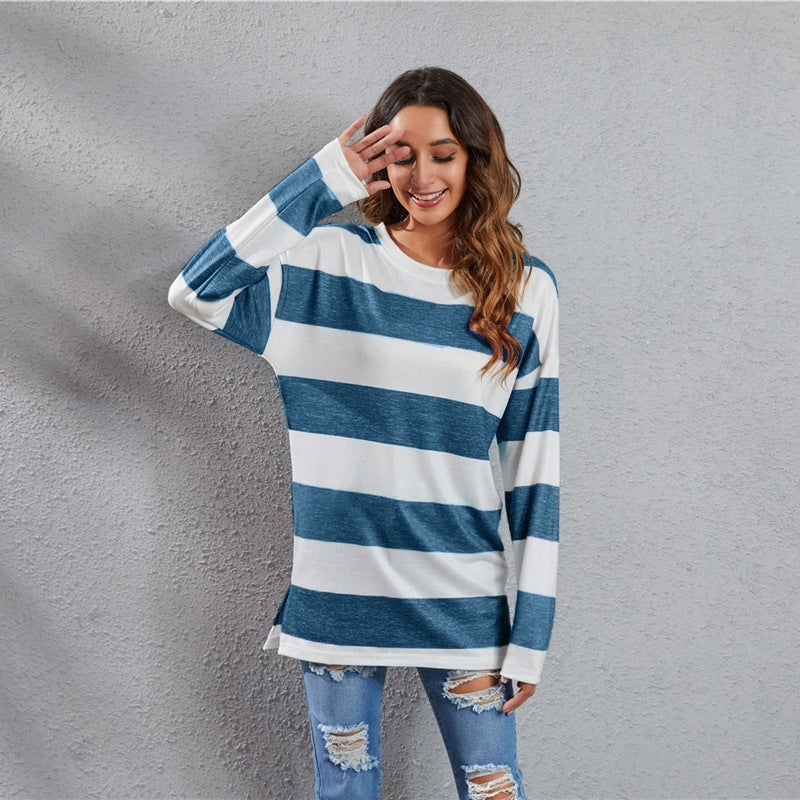 European And American Round Neck Multi-color Stripe Sweater
