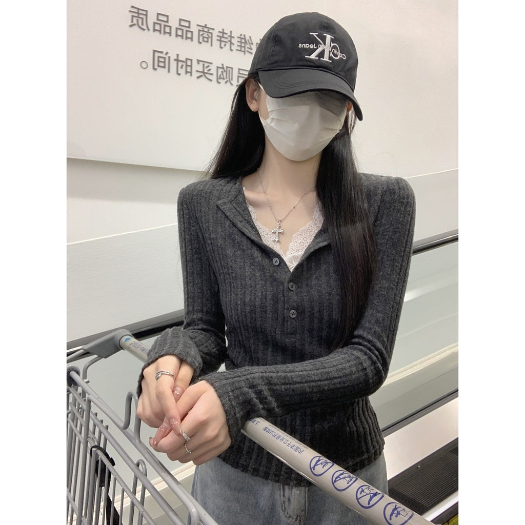 Button Half-open Collar Brushed Lace Patchwork Waist Pleated Top