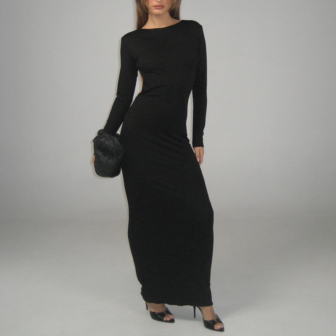 Round-neck High Waist Backless Solid Color Long Sleeve Dress Women