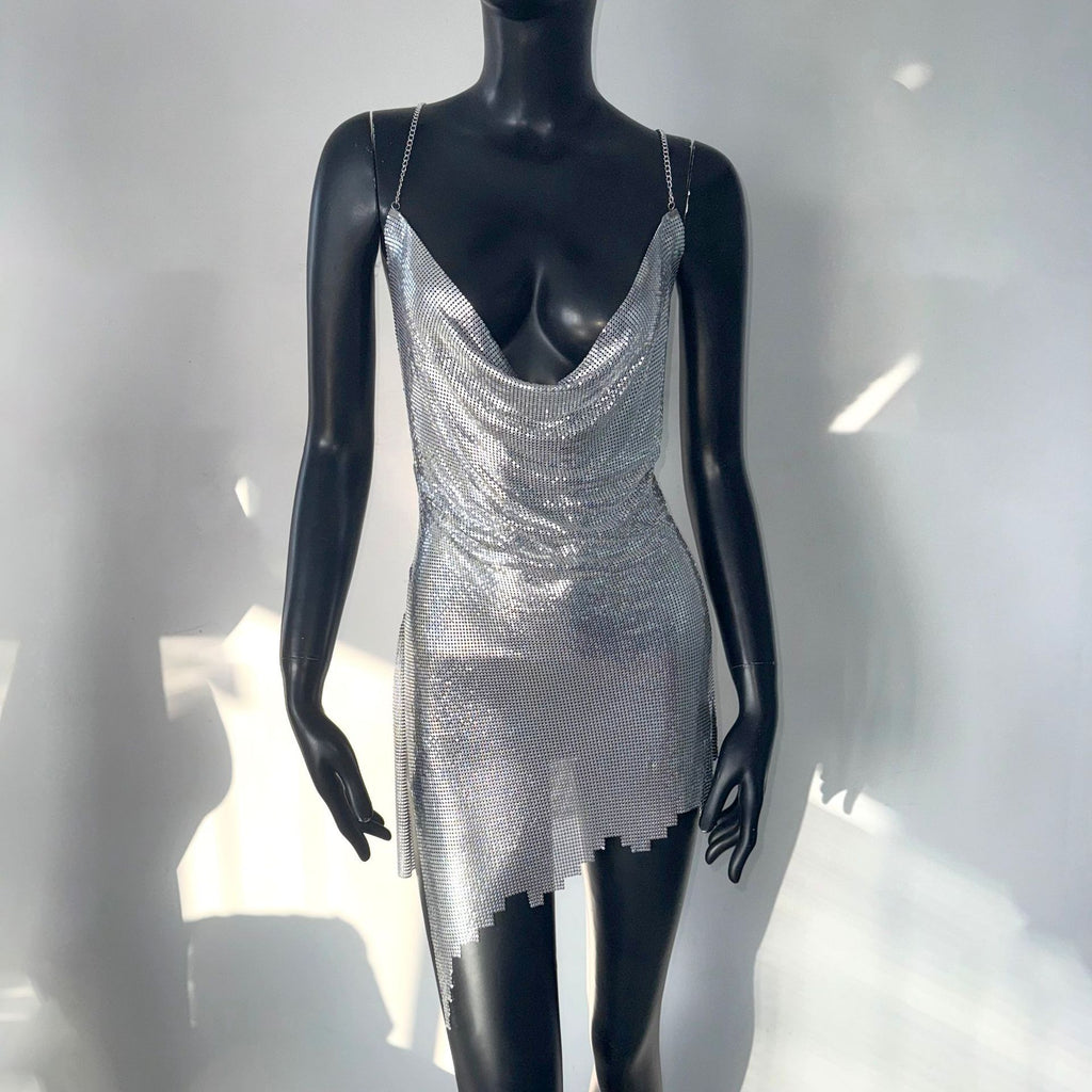 Metal Sequins Short Halter Spaghetti Straps Dress