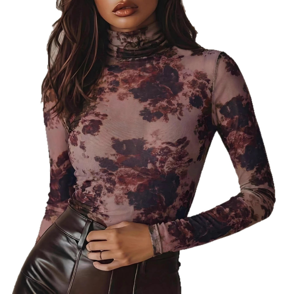 Retro Floral Print High-Neck Mesh Long-Sleeve Slim-Fit Base Top