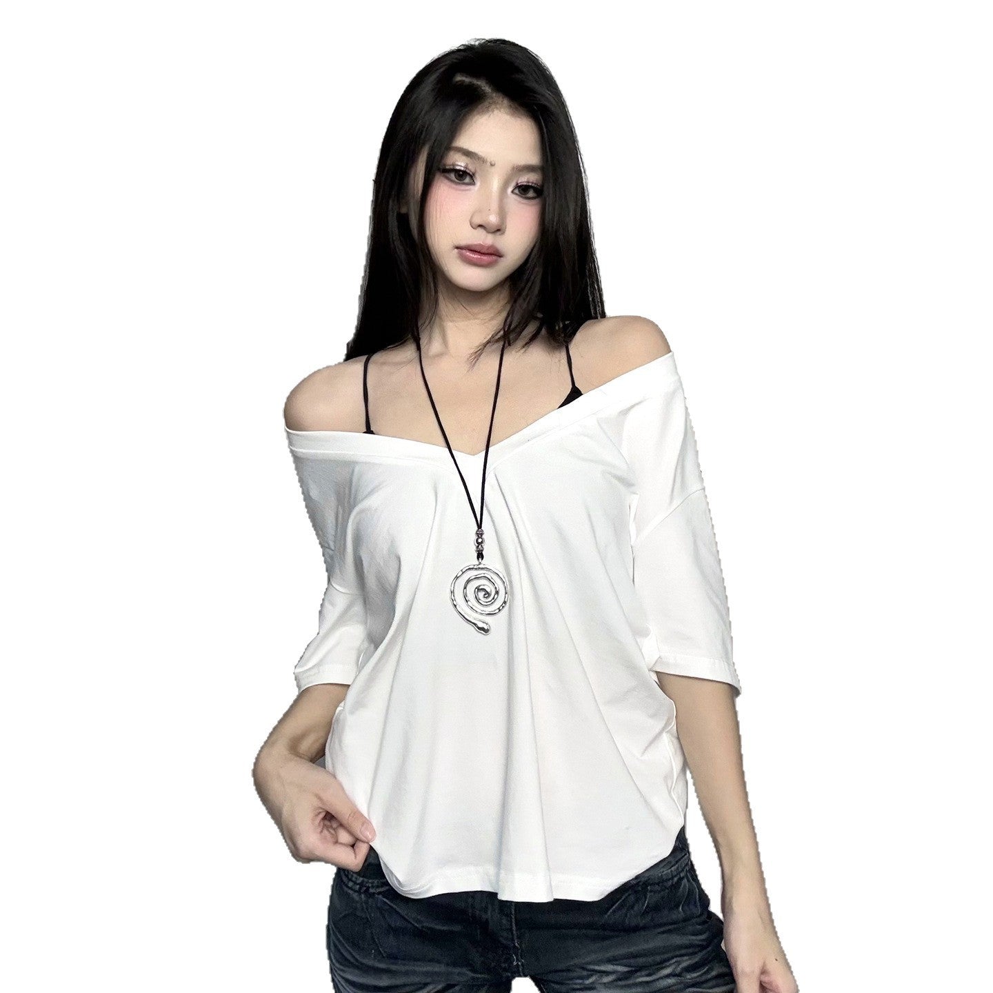 Women's Deep V-neck Short Sleeve Top Pullover Loose T-shirt