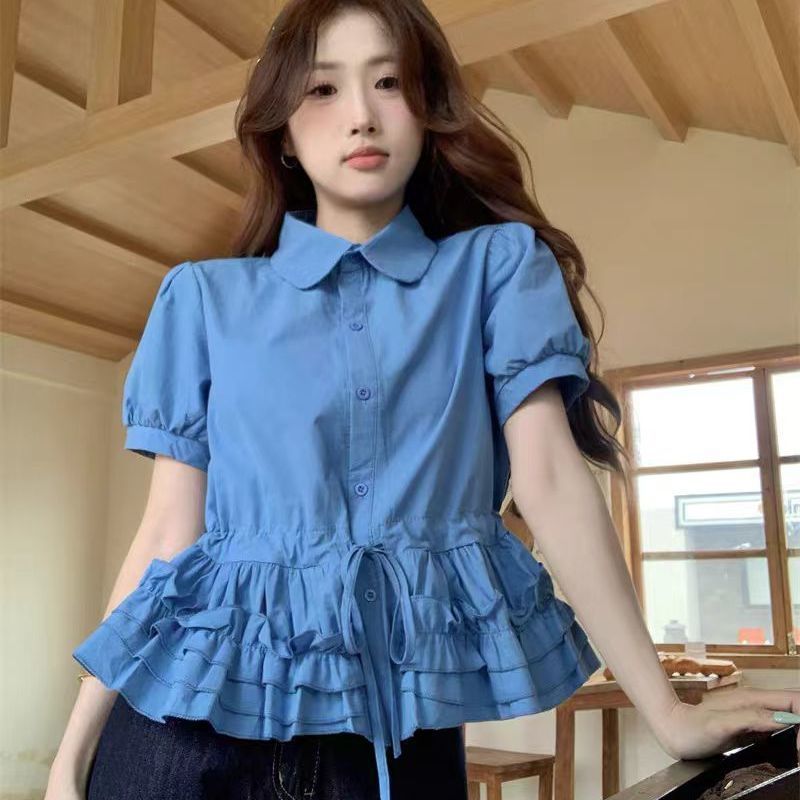 Female Cute Youth-looking Blue Doll Collar Puff Sleeve Shirt