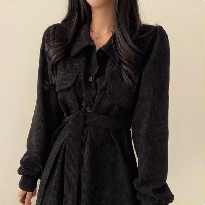 Autumn Winter Retro Lapel Single Breasted Lace-up Waist-controlled Long Corduroy Dress Women
