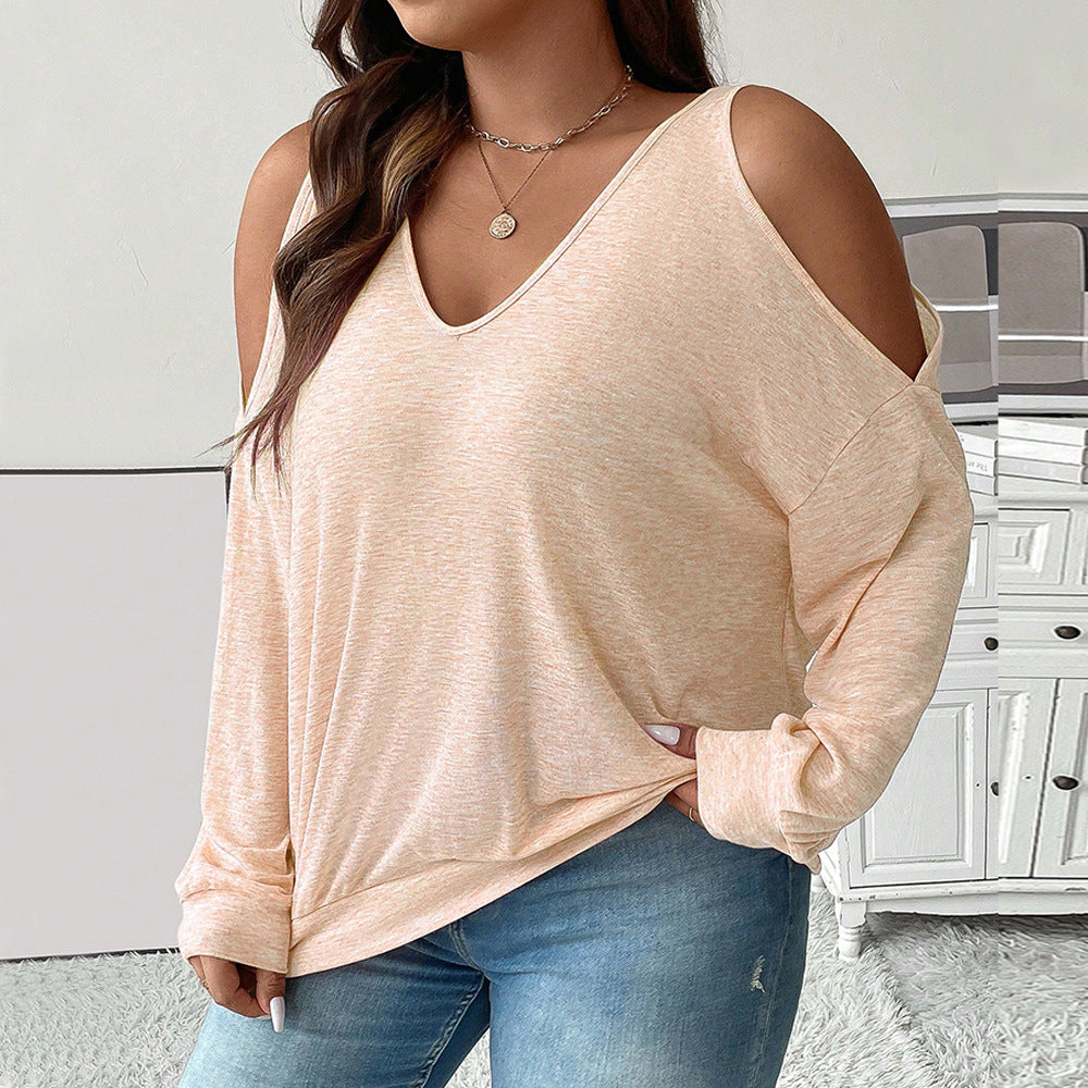 Women's Sexy Off-shoulder V-neck Loose Casual Solid Color Long-sleeved Top