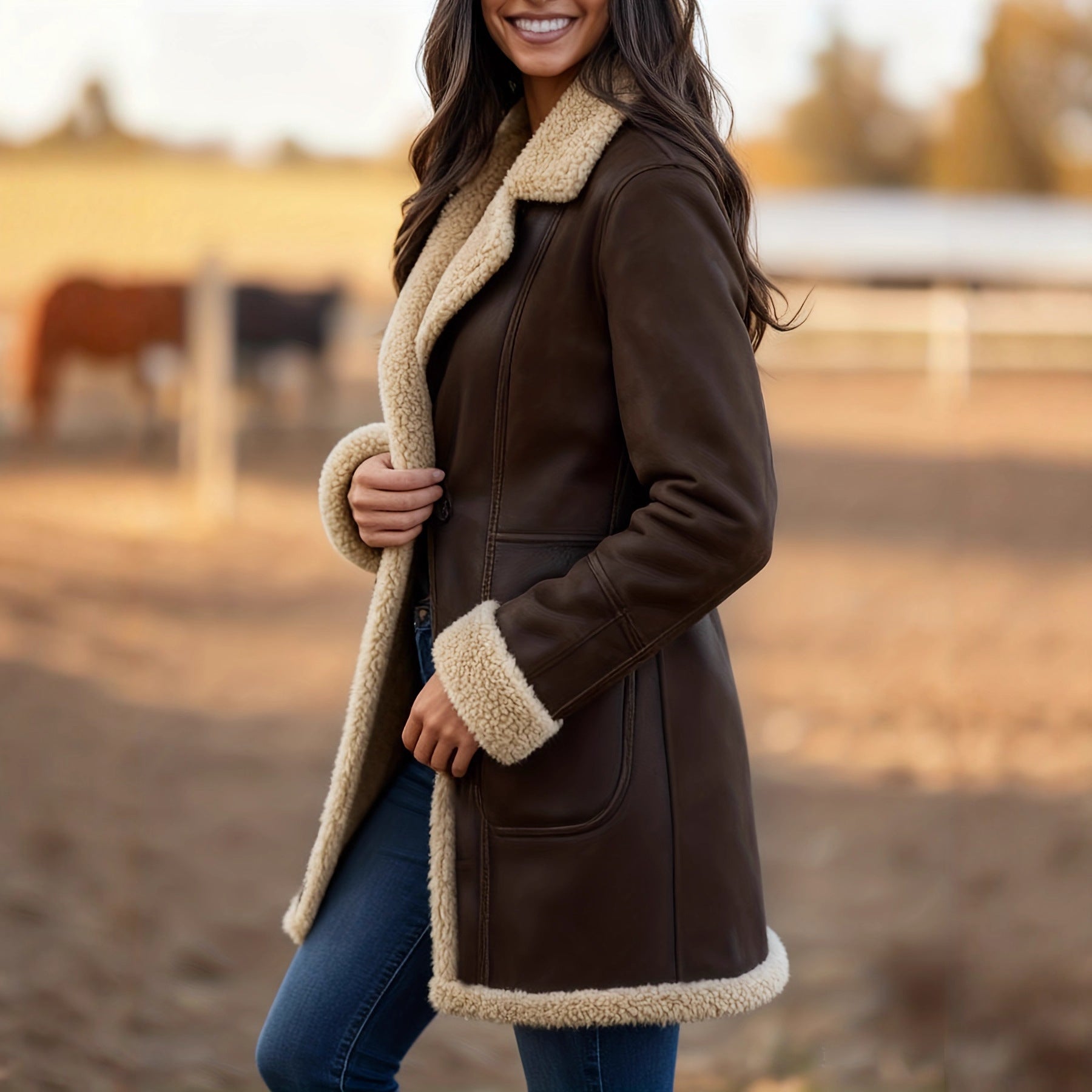 Womens New Mid-Length Fleece-Lined Retro Plush Lapel Pocket Double-Breasted Leather Coat