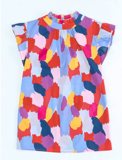 Fiery Red Ruffle Cap Sleeve Frill Mock Neck Printed Top