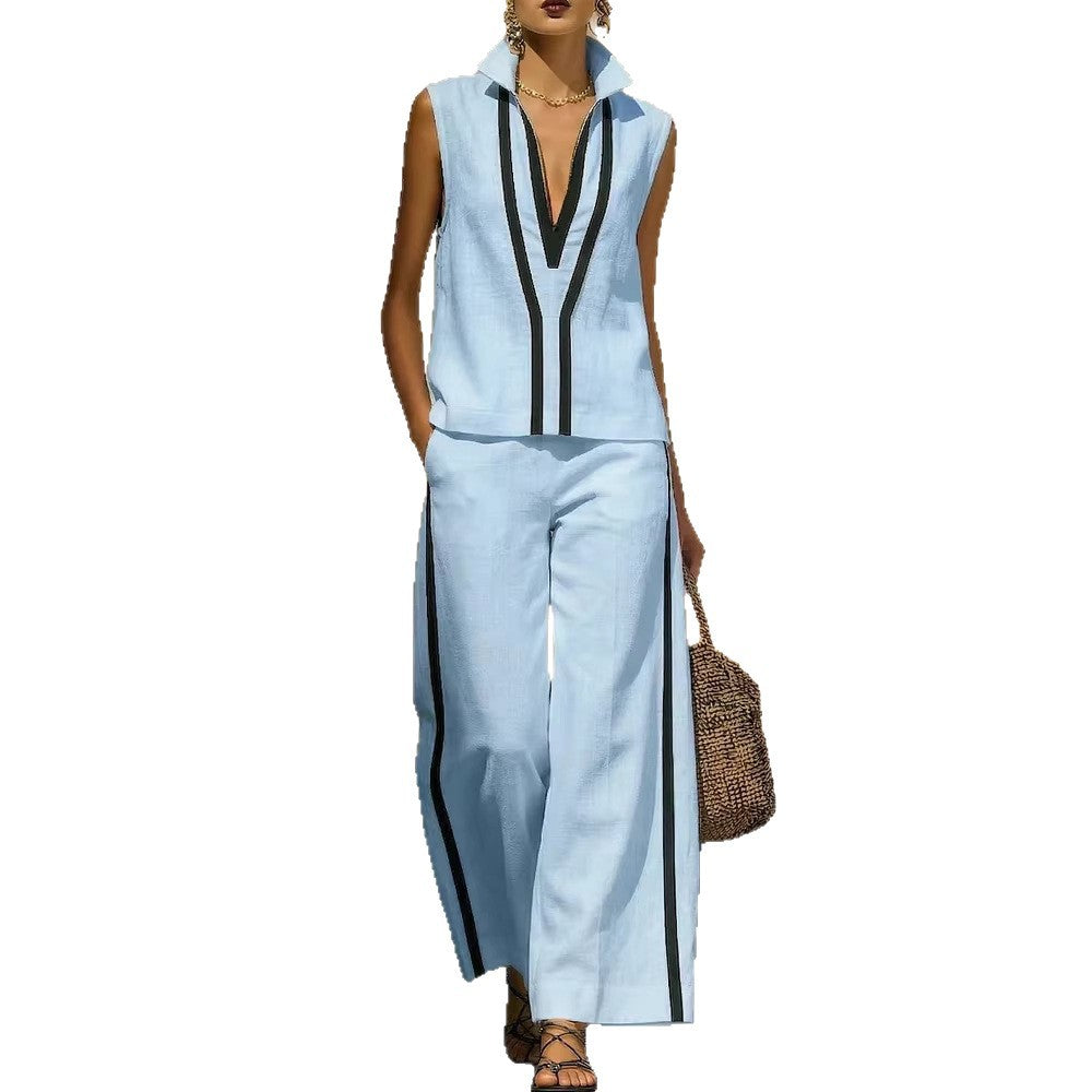 Contrasting-Color Sleeveless Single-Breasted Vest And Drawstring Pants Set