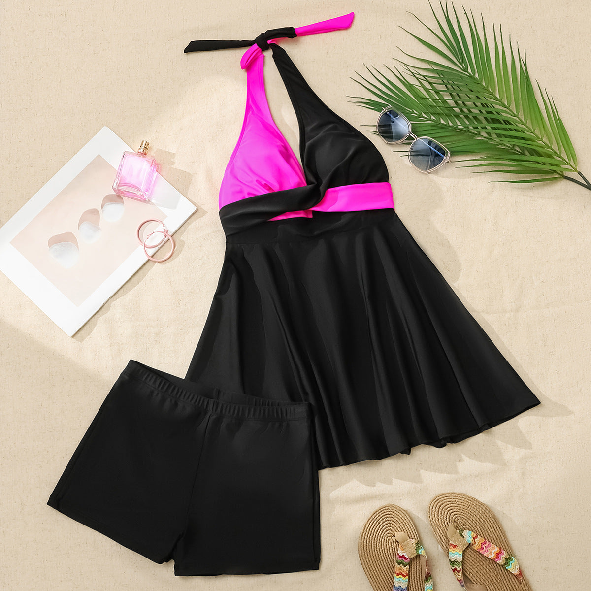 Color Matching Lace-up Boxers Split Bikini Two-piece Set Swimsuit For Women
