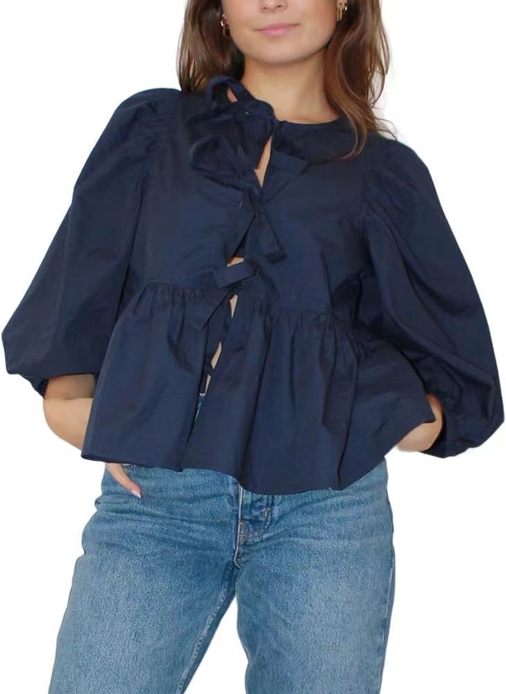 Spring And Summer New Women's Sweet And Casual Round Neck Bubble Sleeve Tied Striped Shirt