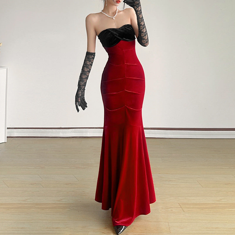 Contrast Color Sexy Socialite Off-shoulder Tube Top Package Hip Fishtail Dress Women