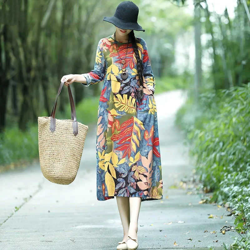 Retro Artistic Ethnic Style Oversized Loose-fitting Pattern Print Short Sleeve Dress
