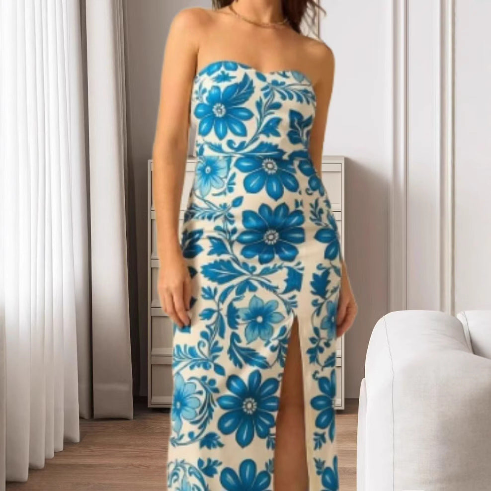 Printed Chest Wrap Slit Slim-fitting Dress