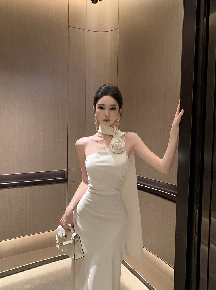 French Style Retro Elegant Sense Of Atmosphere Sloping Shoulder Dress Women
