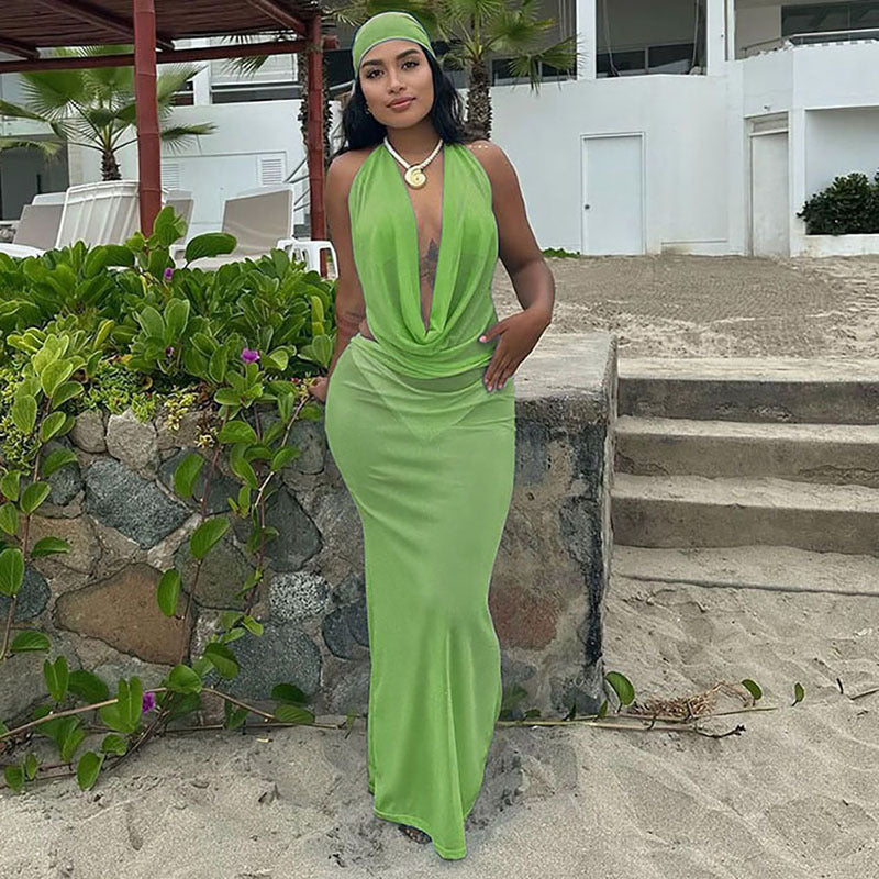 Headscarf Lace-up Vest Deep V Pile Collar Sexy Dress Three-piece Set For Women