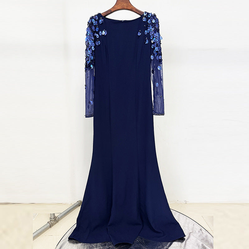 Long Mesh Sleeve Sequin Beaded And Diamond-Embellished Dress