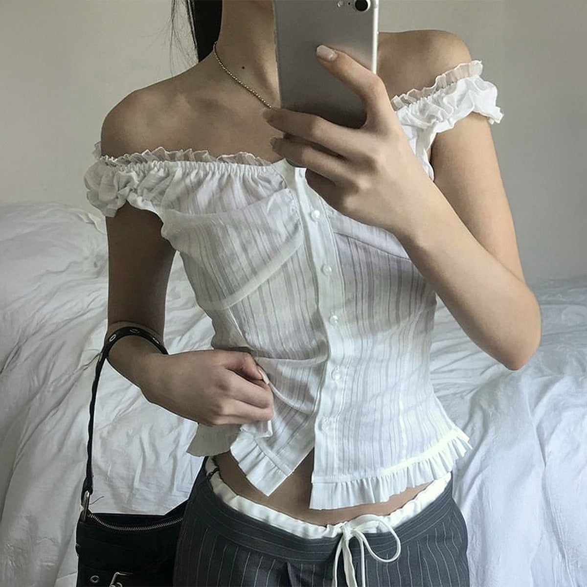 T-shirt Stitching Breasted Waist Slimming Hot Girl Temperament Top Women's Clothing