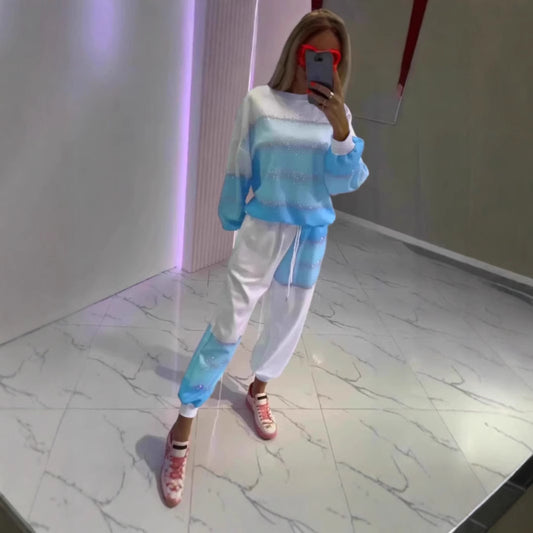 Women's Casual Dusting Powder Striped Top Drawstring Two-piece Pants