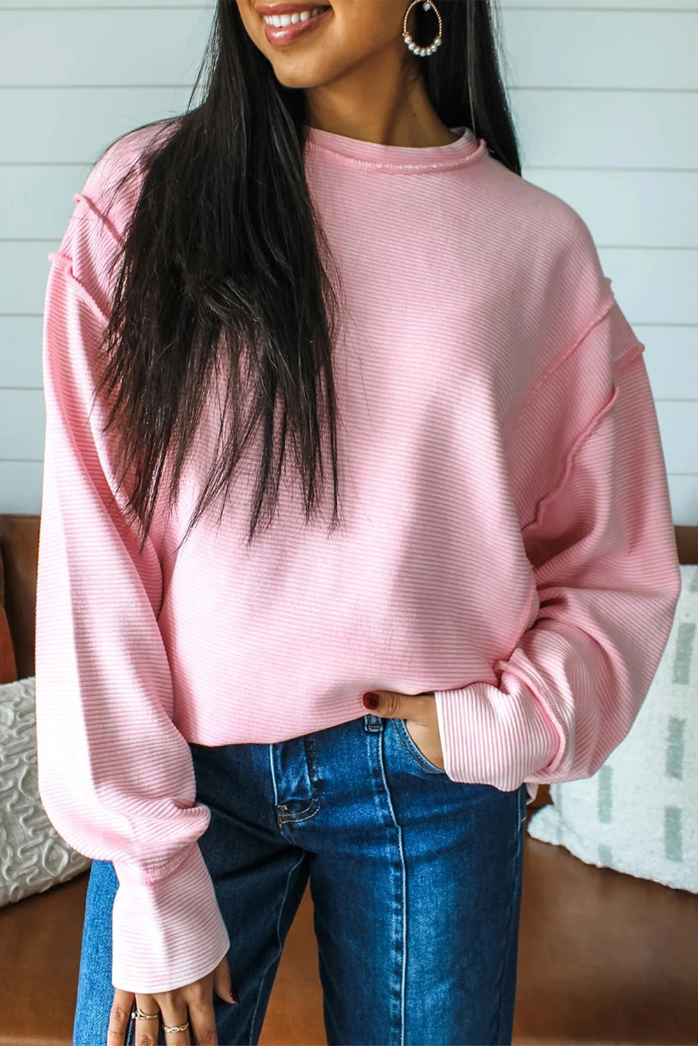 Women's Solid Color Design Round Neck Drop Shoulder Long Sleeve Sweatshirt