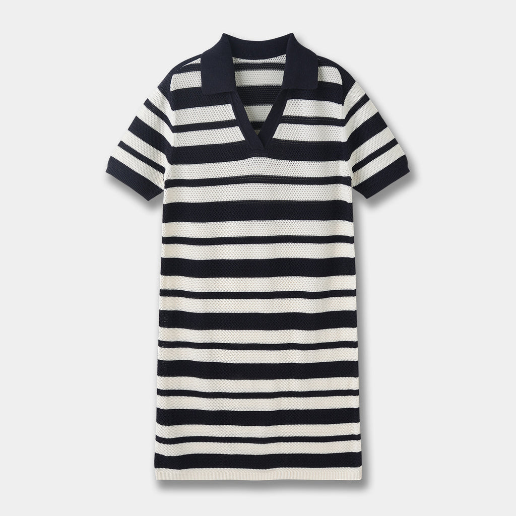 Black And White Striped Hollow-out Blended Knitted Mini Dress Lapel Short Sleeve